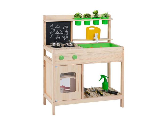 COSTWAY Outdoor-Spielküche Holz, Mit Kreidetafel, Herd, Blumentöpfen & Kochutensilien