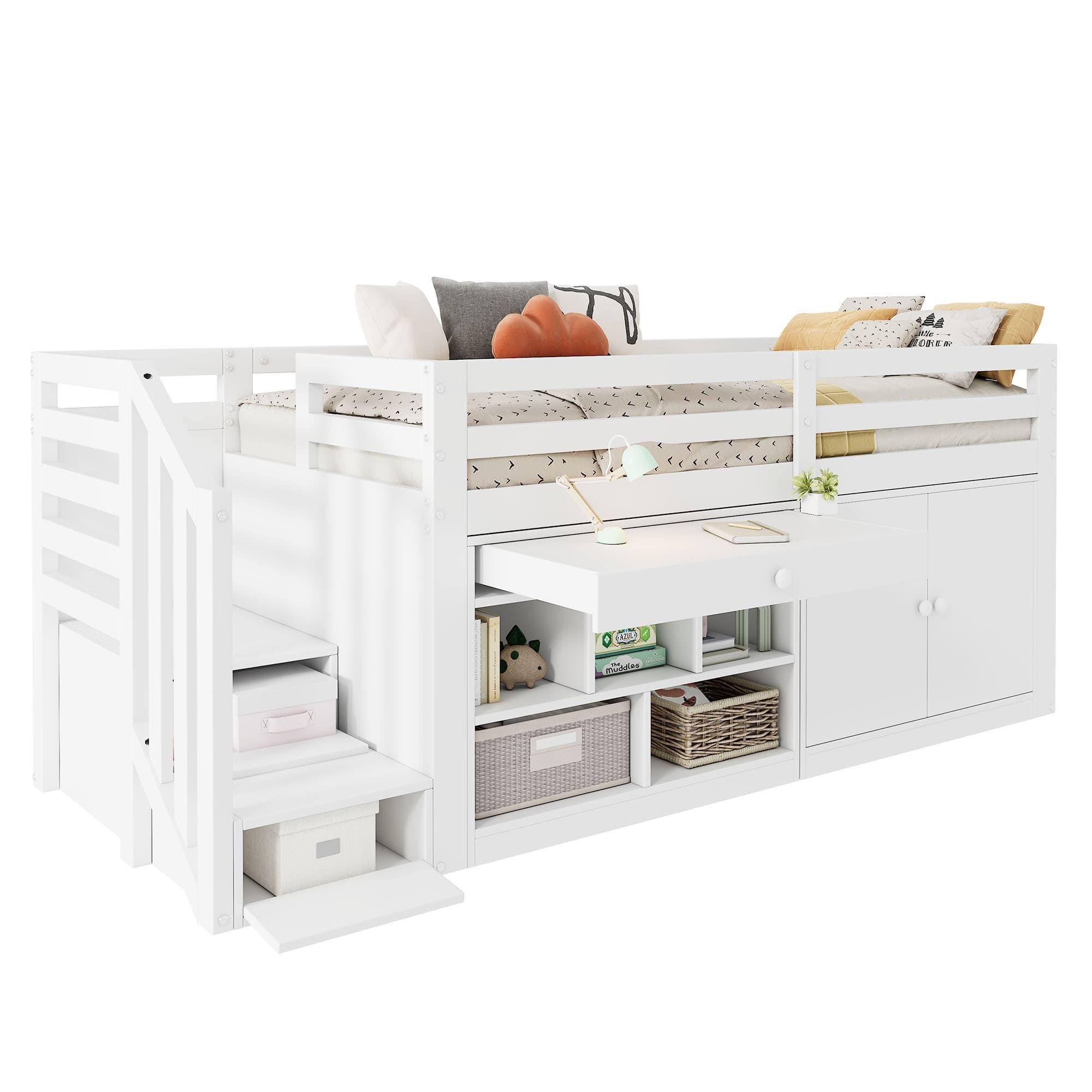 Multifunktionales Kinderbett mit Treppe und Stauraum,Treppen/Schränke links und rechts austauschbar,Schubladen umdrehbar und als Schreibtisch nutzbar