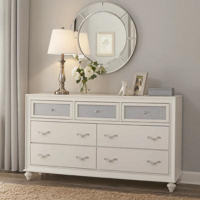 Benjara Dresser with 7 Drawers and Glitter Acrylic Front, White