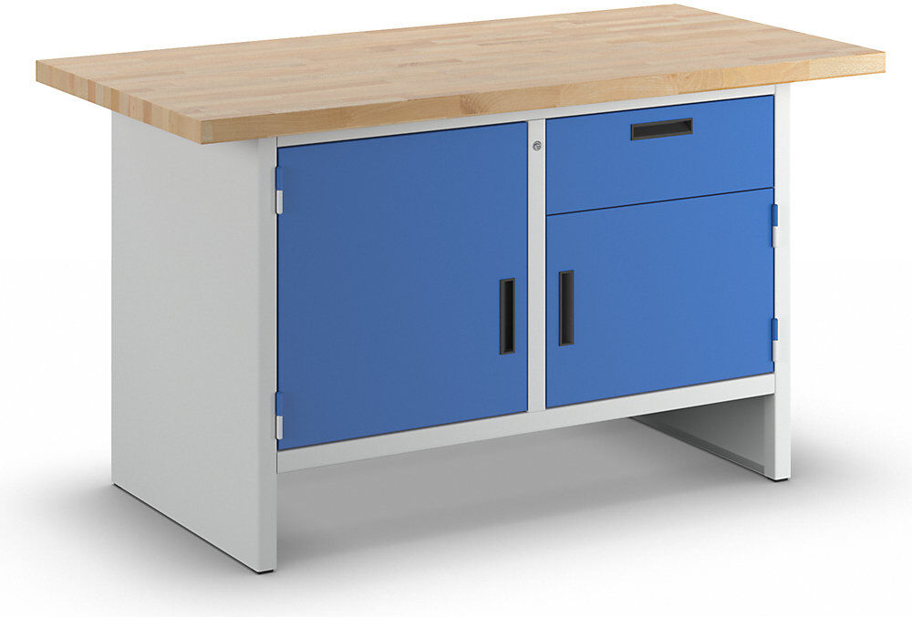Werkbank mit geschlossenen Seiten, 1 Schublade, 2 Türen, Breite 1500 mm, lichtgrau / enzianblau eurokraft basic