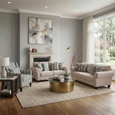 Furniture of America Marla Modern 3-Piece Light Brown and Taupe Chenille Sofa Set with Striped Accent Chair