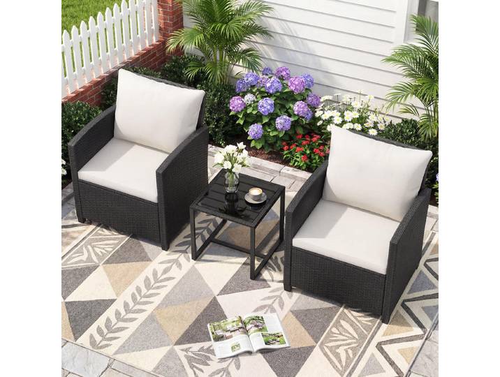 Ensemble de meubles de jardin en rotin comprenant 2 chaises avec coussins et table en verre, groupe de sièges d'extérieur, noir et beige