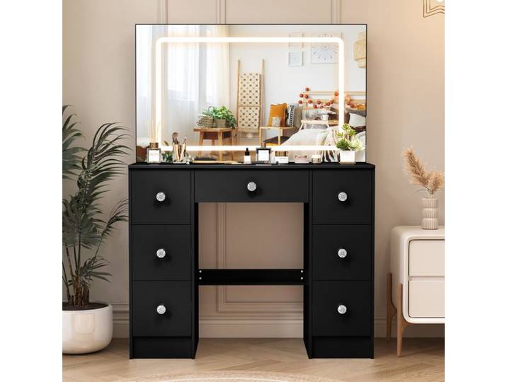 Coiffeuse noire moderne MDF miroir LED 100 x 60 cm 7 tiroirs dont 1 grand 100 x 40 x 140 cm pour chambre