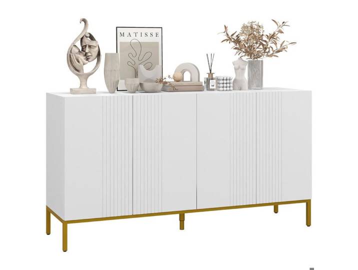Buffet Meuble de Rangement Blanc et Doré - Buffet Bas 2 Portes avec Étagères Réglables Design Graphique Salon Salle à Manger