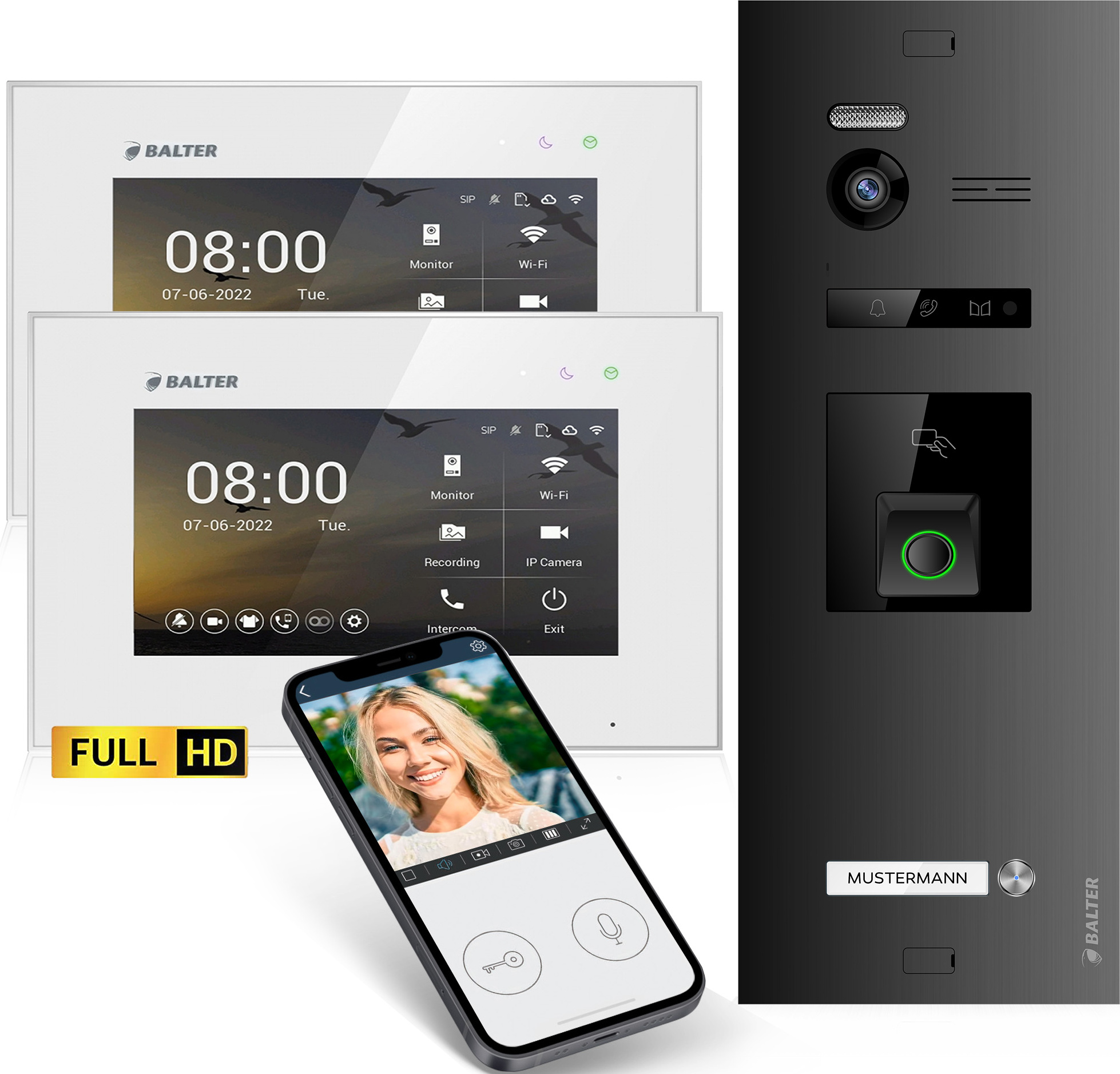 HD Video Türsprechanlage mit Fingerprint RFID und Smartphone App für 1 Familienhaus, 2x Monitore, Balter EVO HD Fingerprint