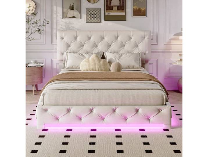 Lit 160×200 cm - ADWOLT - LED - tissu en lin - cadre de lit adulte 160×200 cm - beige