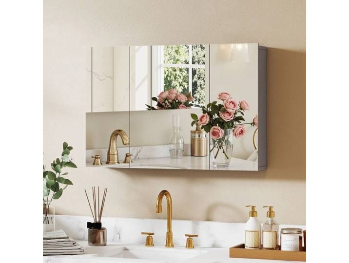 Armoire miroir murale pour salle de bain 3 portes avec tablettes réglables grise