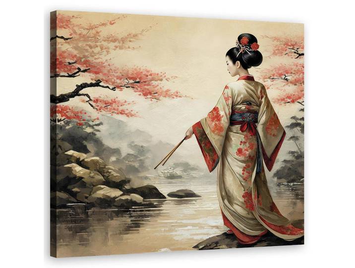 Feeby Wandbild geisha landschaft japan, Beige, Person/Charakter, Rechteckig, 50x50 cm, Bilder & Rahmen, Bilder, Leinwandbilder