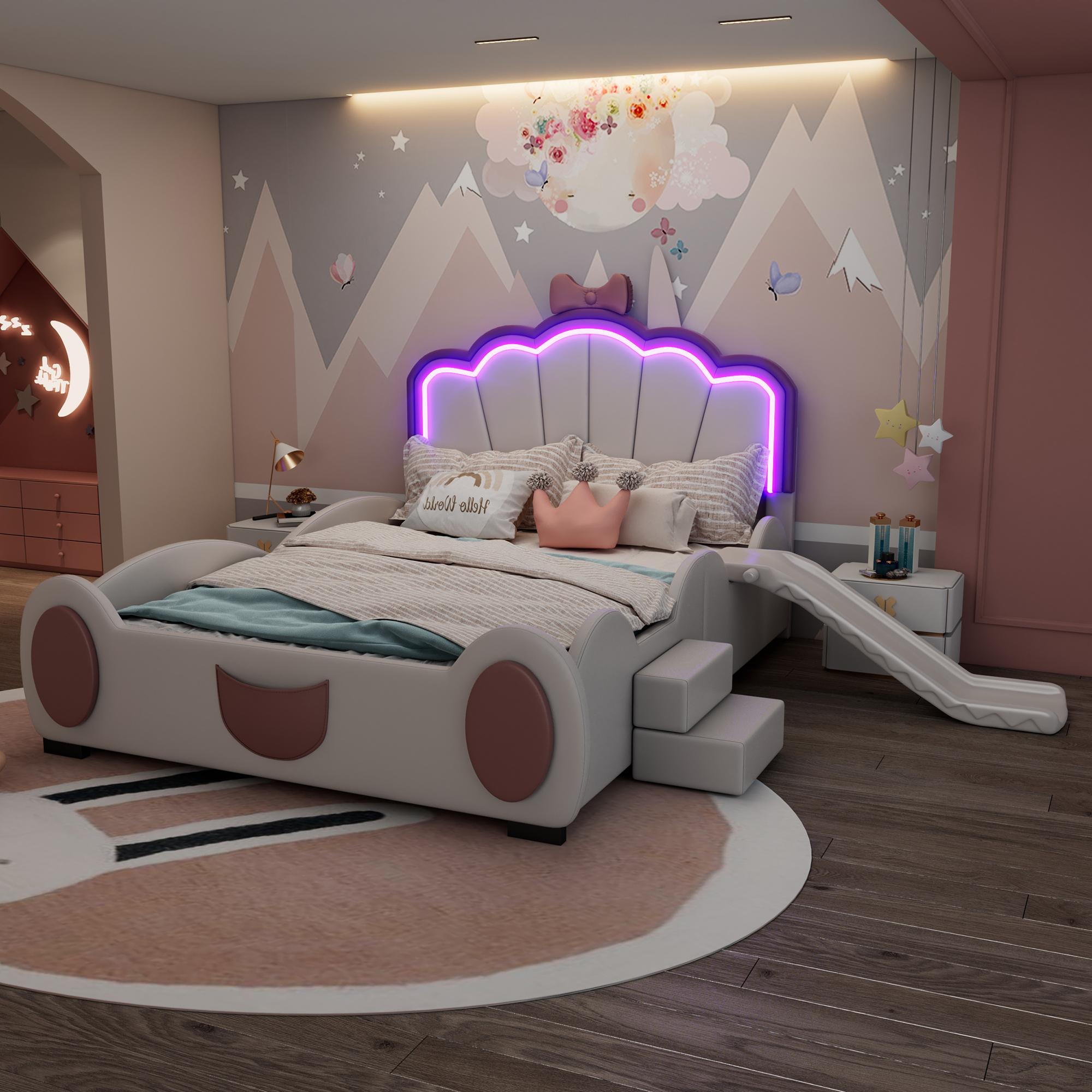Flieks Kinderbett 140x200cm mit Rutsche und LED, Kinderbett mit Rausfallschutz und Lattenrost, Bodenbett Spielbett mit Treppe, Bett Kinder, PU, Weiß