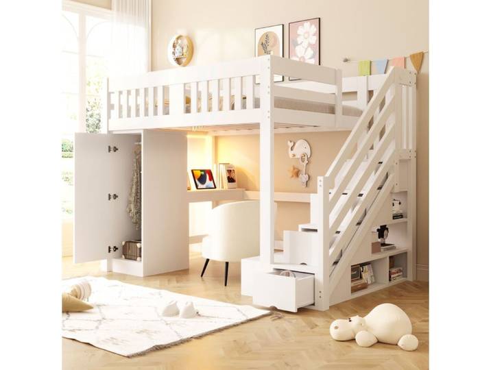 ROVRYN Lit mezzanine 140 x 200 cm avec escalier de rangement bureau penderie banquette et LED blanc