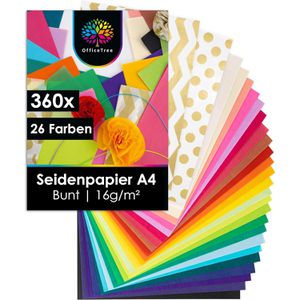 OfficeTree Seidenpapier A4, 26 Farben, 21 x 30cm, 360 Blätter, ungefaltet, 16g/m², 360 Stück