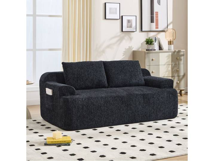 Canapé 2 places convertible compressé AESVAR tissu noir assise profonde sans montage