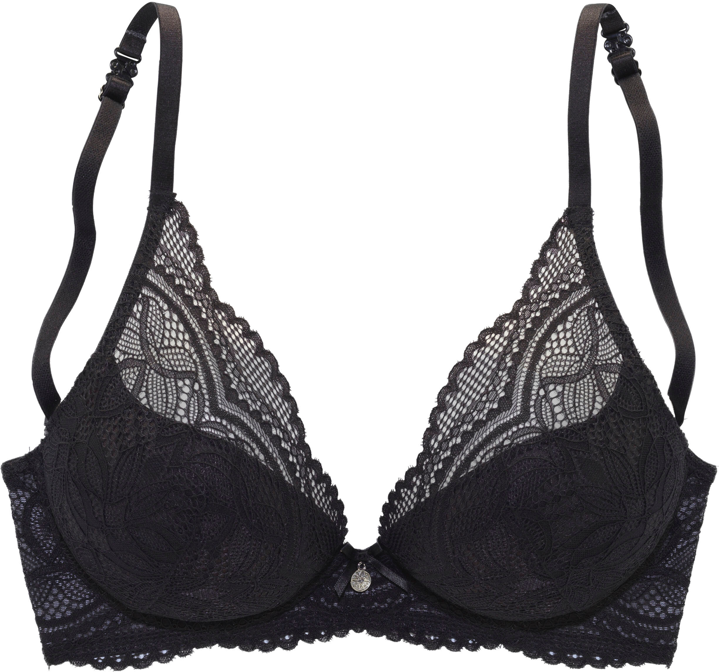 Neckholder-BH NUANCE BY LASCANA "Push-up-BH, BH mit Bügel, Spitzen-BH, Vivianna", Damen, Gr. 85, Cup A, schwarz, Microtouch, Obermaterial: 60% Polyamid, 35% Polyester, 5% Elasthan, BHs Neckholder-BH, als Dessous-Set kombinierbar, mit 2 Tragevarianten, sex