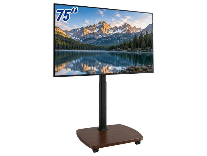 Relaxdays Tv-Bodenständer Braun Schwarz mit Rollen 43-75 Zoll, Mehrfarbig, Metall, Holzwerkstoff, 60x134.5x38 cm, Wohnzimmer, TV Möbel