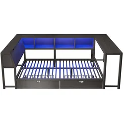 OKWISH Metallbett MDF Schwarz 140x200 cm mit Stauraum-Kopfteil, LED-Beleuchtung, Schreibtisch und 2 Schubladen