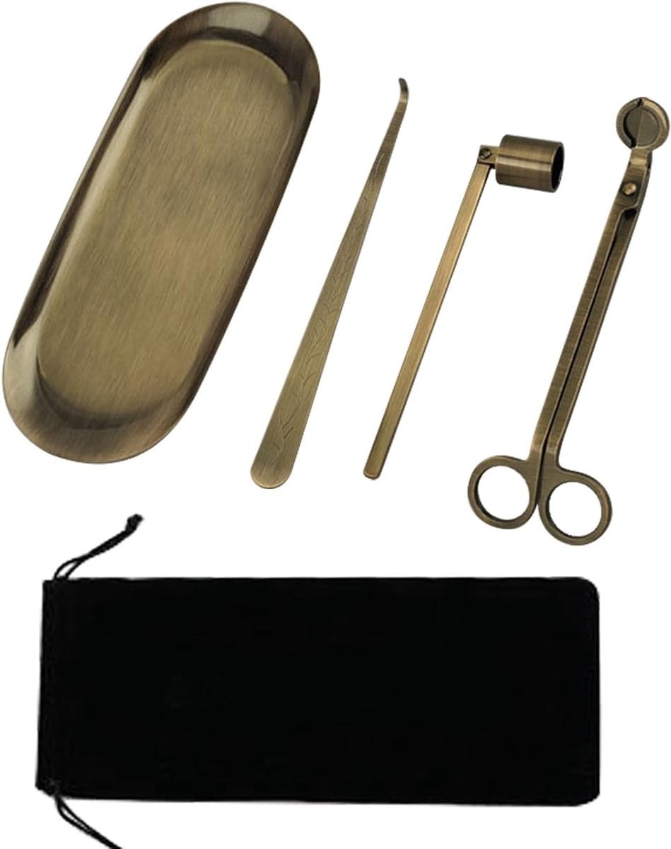 4 in 1 Kaars Accessoire Set met Kaars Knijper, Lint Snijder, Dipper en Opbergtray - Brons