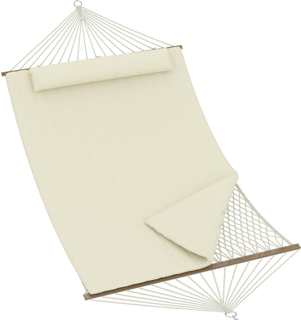 Highland Dunes Double Quilted Hammock for 2 Person, 3.5m Large Garden Hammock with Wooden Spreader Bar & Detachable Pillow, 204kg Capacity Outdoor Swing Bed with Cha Beige 132cm 180cm