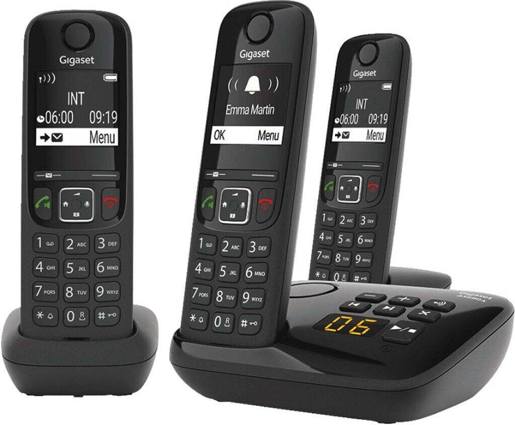 Gigaset AS690AR Trio DECT-telefoonset met draadloze headset en luidsprekerfunctie, zwart