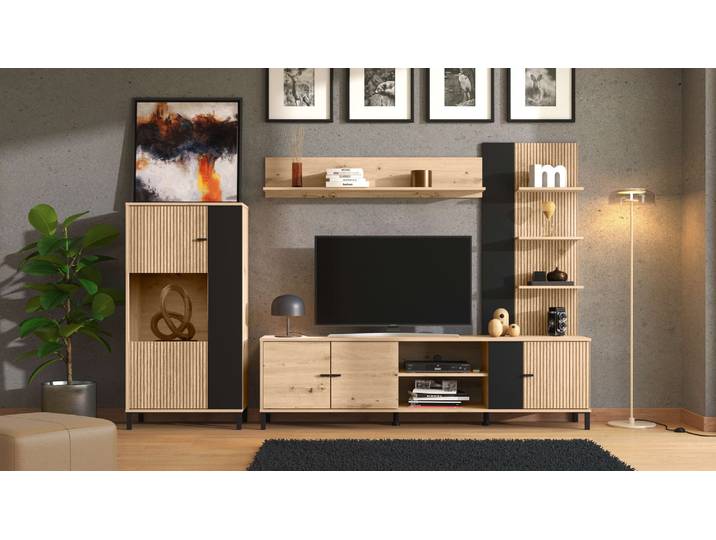 Wohnwand HOME AFFAIRE Avignon, mit Lamellen Elementen in Eiche mit schwarzen Komponenten , beige, B:263cm H:167cm T:40cm, Hartfaserplatte, Holzwerkstoff, Kunststoff, Metall, Kastenmöbel-Sets, Wohnwand, Highboard, TV-Board, Standregal und Wandregal, 263cm breit