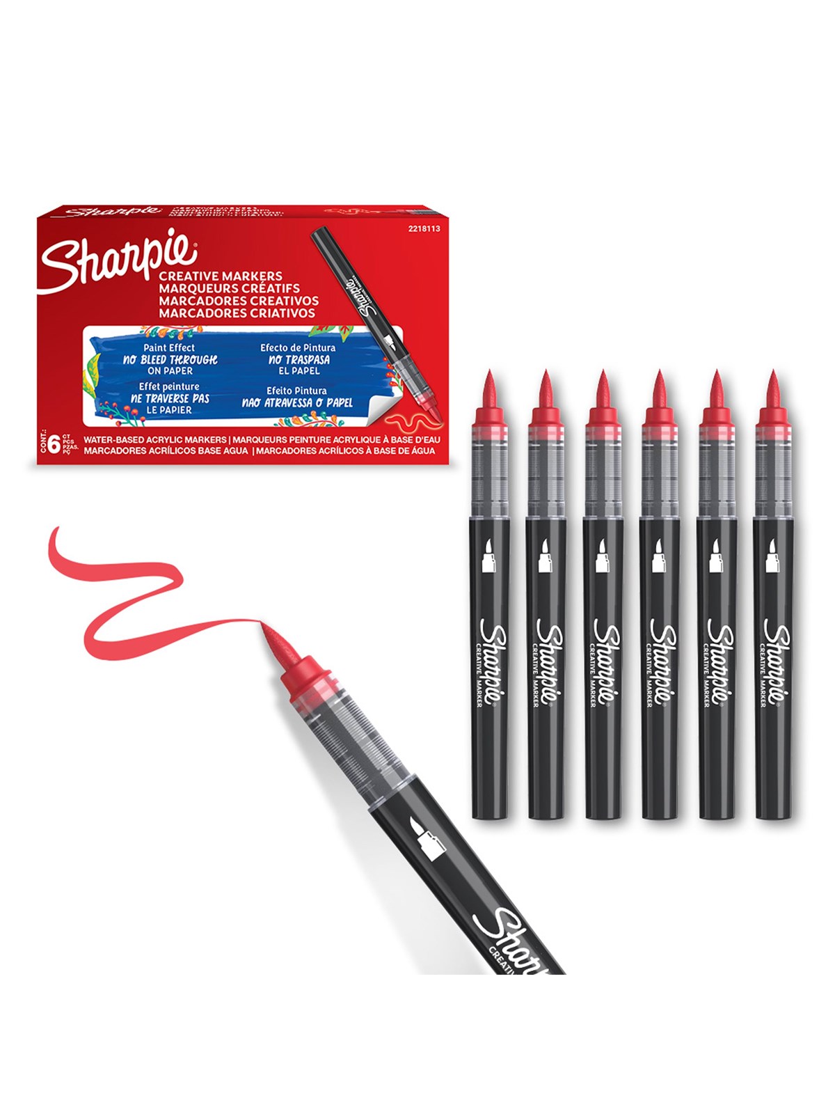 Sharpie Creative Marker Acrylic Paint Pens | Brush Tip Water-Based Paint Markers | Red | 6 Count