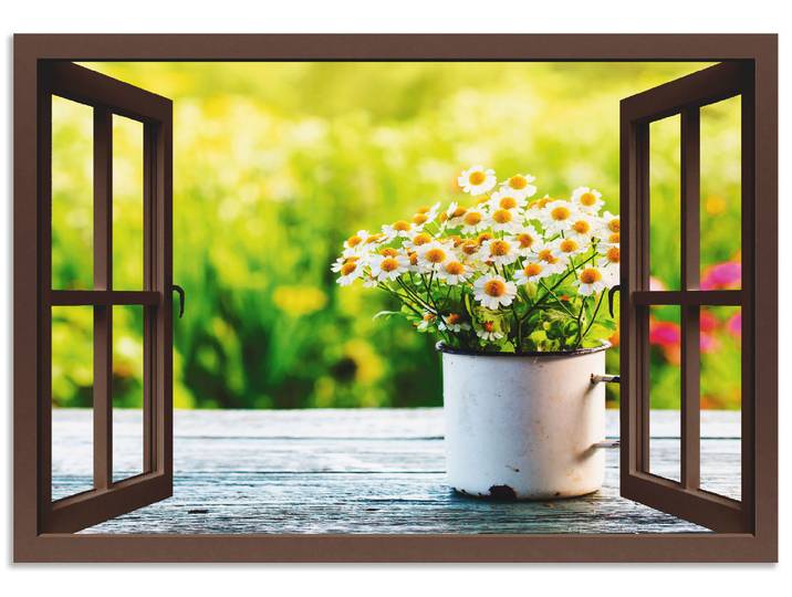 Alu-Dibond-Druck ARTLAND Fensterblick Garten mit Gänseblümchen , braun (farbe bild(er): braun), B:70cm H:50cm, Bilder, Alu-Dibond-Druck, für Innen- und Aussenbereich geeignet, Outdoorbild