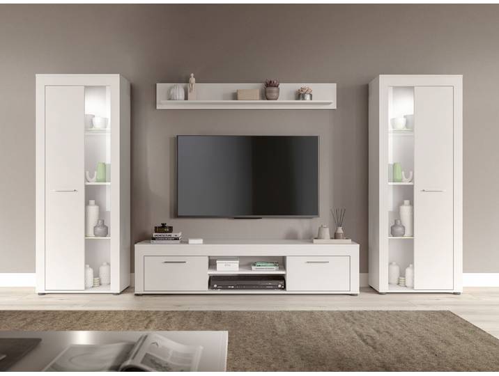 Wohnwand GOODPRODUCT AOSTA, Breite 310cm, 4-teilige Wohn-Kombination , weiss (weiß), B:310cm H:159cm T:40cm, Kastenmöbel-Sets, Wohnwand, Wohnwand, Kombination, Anbauwand, Möbel Set, Schrankwand, Möbel Kombi