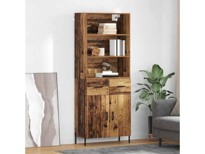 RJPLMFV Oberer Schrank aus Holz, Antik-Optik, 69,5 x 32,5 x 180 cm, Holz Scharniertüren, Metallgriffe, Eisenbeine, für Wohnzimmer oder Esszimmer