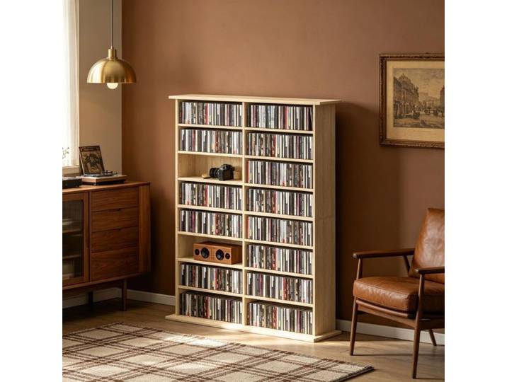 Étagère Rangement CD DVD - 106.5x24x126.3cm - Meuble Multimédia 16 Niveaux 12 Tablettes Réglables - Bois Chêne Naturel