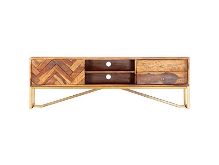 KGHERMDF TV-Schrank 140x30x45 cm Massivholz Akazie 2 Schubladen, 2 Ablagen, 1 Fach, Metallbeine in Messing-Optik, Mid-Century Design