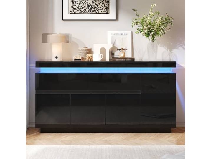 VILUXE Kommode 140 cm mit LED 10 Fächern & 2 Schubladen Schwarz Modernes Sideboard mit App-LED, 4 Türen, 2 Schubladen, 10 Staufächern und verstellbaren Einlegeböden, für Wohnzimmer und Flur
