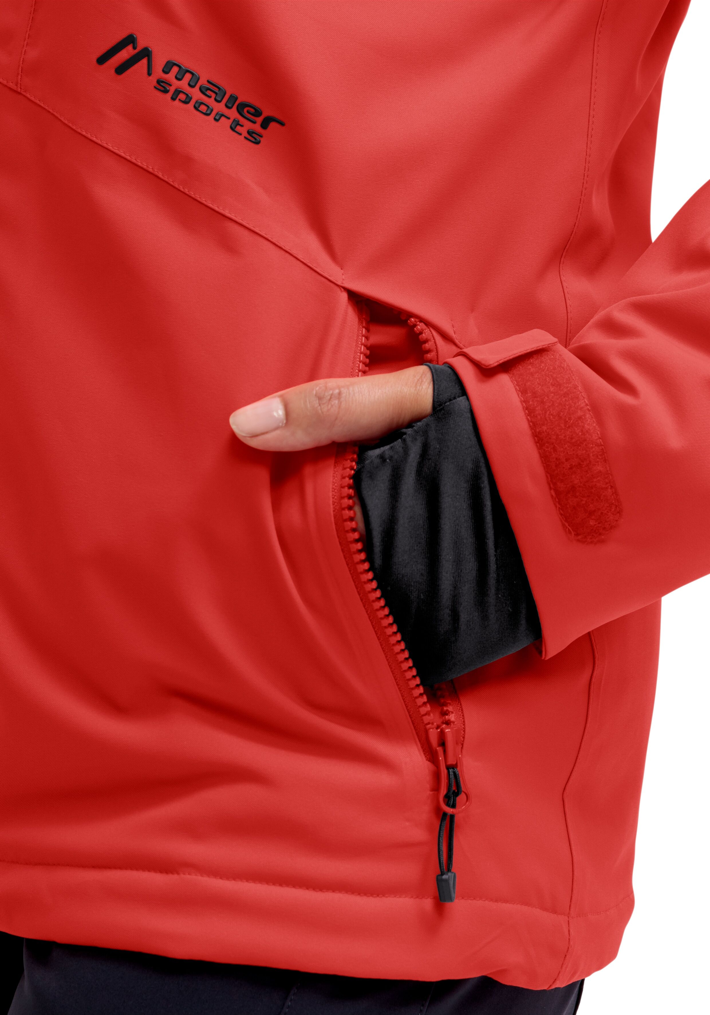 Skijacke MAIER SPORTS "Straja", Damen, Gr. 44, rot (feuerrot), 100% Polyester, hoch geschlossener Ausschnitt, Jacken Skijacke, Damen Winterjacke, wind/wasserdicht, 3 RV-Taschen und Kapuze feuerrot 44