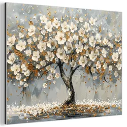 METALLBILD Baum - Blumen - Weiß - Natur - Kunst 80x60 cm