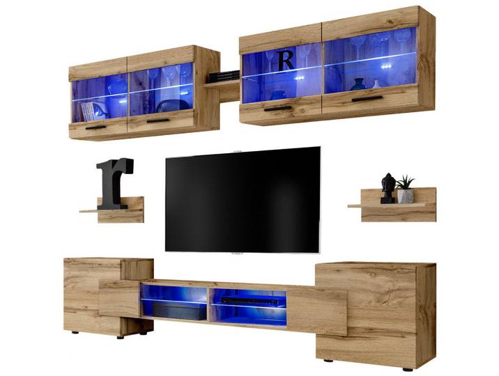 Komodee Wohnzimmerset Foggia, 6er-Set, Eiche Wotan, Front Eiche Wotan, LED Blau, Eiche Wotan, Eiche Wotan, 8 Fächer, Rechteckig, 230x190x45 cm, Wohnzimmer, Wohnwände