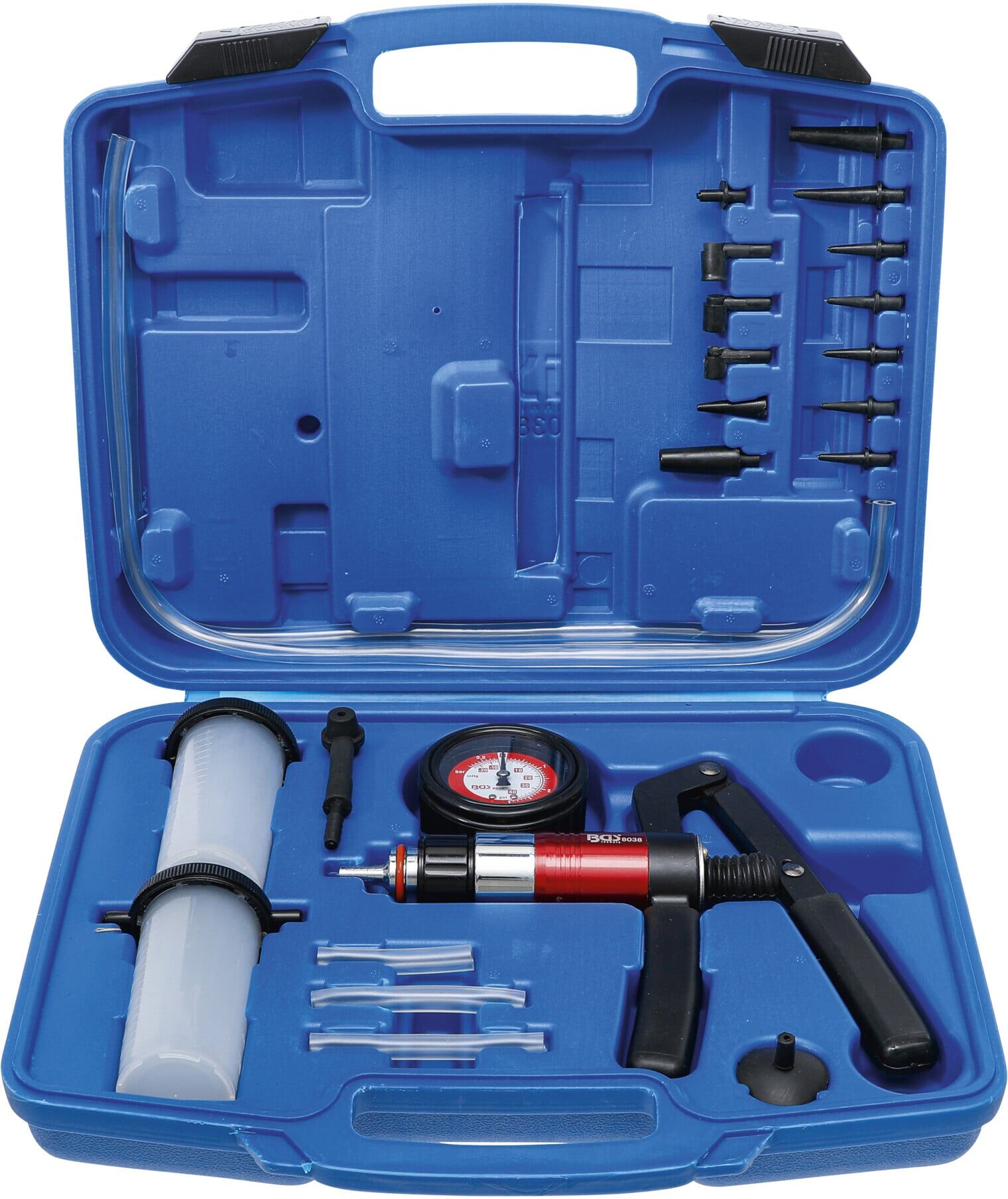 BGS technic Vakuum-Druckpumpen-Satz aus Kunststoff und Metall mit Pumpe und Adaptern für Vakuum und Druck, 8038)