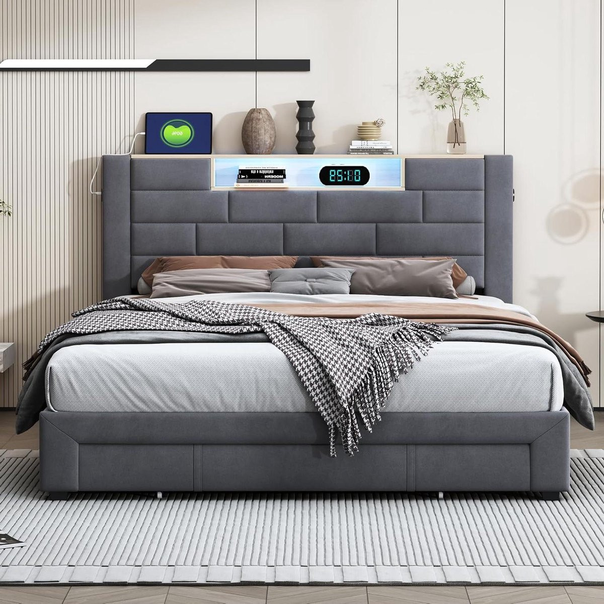 Grijs Fluwelen Tweepersoons Bedframe met Lades, USB-oplaadpoort en Onderbedverlichting - 140x200 cm