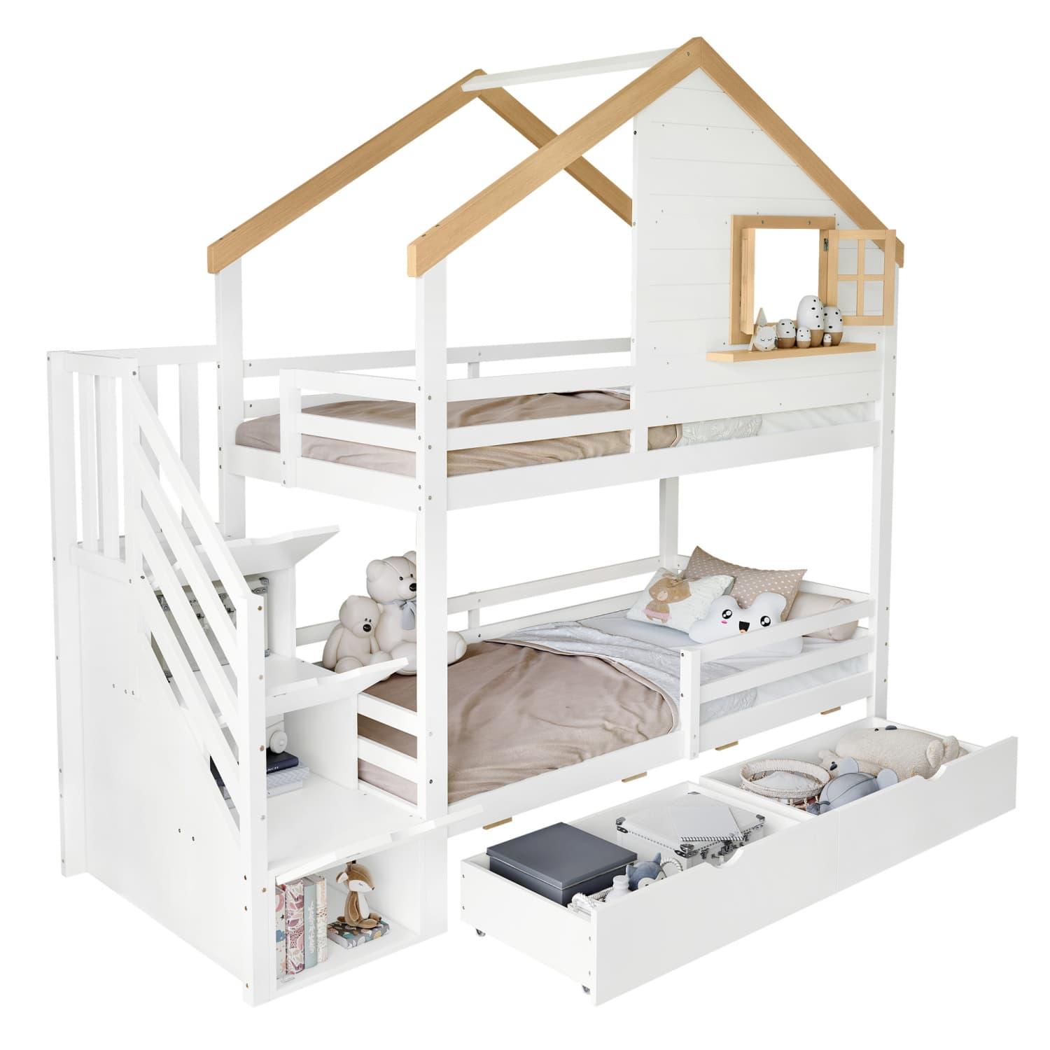 Etagenbett, Holzbett, Kiefer + MDF, Aufbewahrungstreppen, raffiniertes kleines Hausdesign mit einem Fenster, Stauraum unter dem Bett
