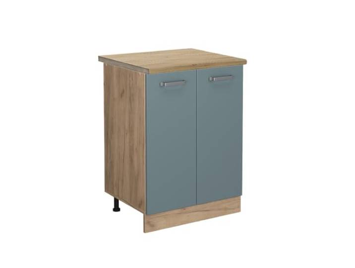 Vicco Küchenunterschrank R-Line, Blau-Grau, 60 cm 2 Türen · Arbeitsplatte Eiche · Höhenverst. Füße · Metallgriffe · Frei kombinierbar