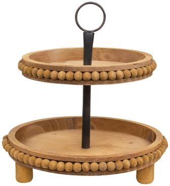 Col House Designs Natural Wood Beaded Two-Tiered Tray