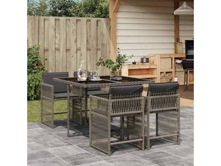 WDGJJFECNMUEHI Résine tressée imperméable Pliable 5 pièces gris Ensemble à manger de jardin 5 pieces canapé gris résine tressée, table verre trempé chaises pliantes avec coussins lavables,