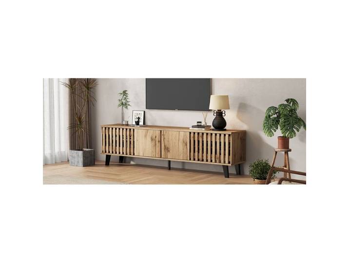 WOVREO Meuble TV 180 cm couleur bois naturel 8 compartiments 4 portes pieds noirs