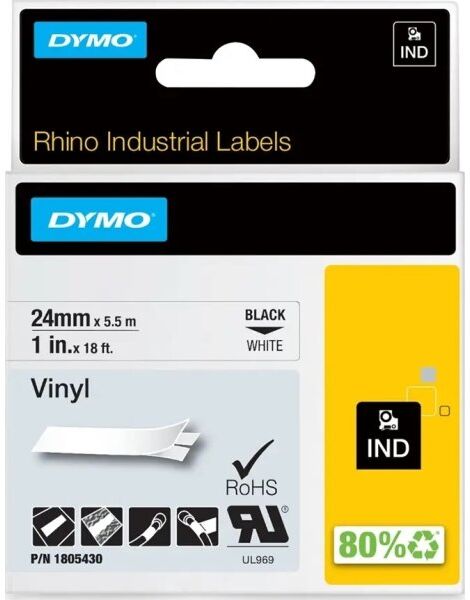Dymo Rhino Vinyltape 24mm, Sort På Hvid