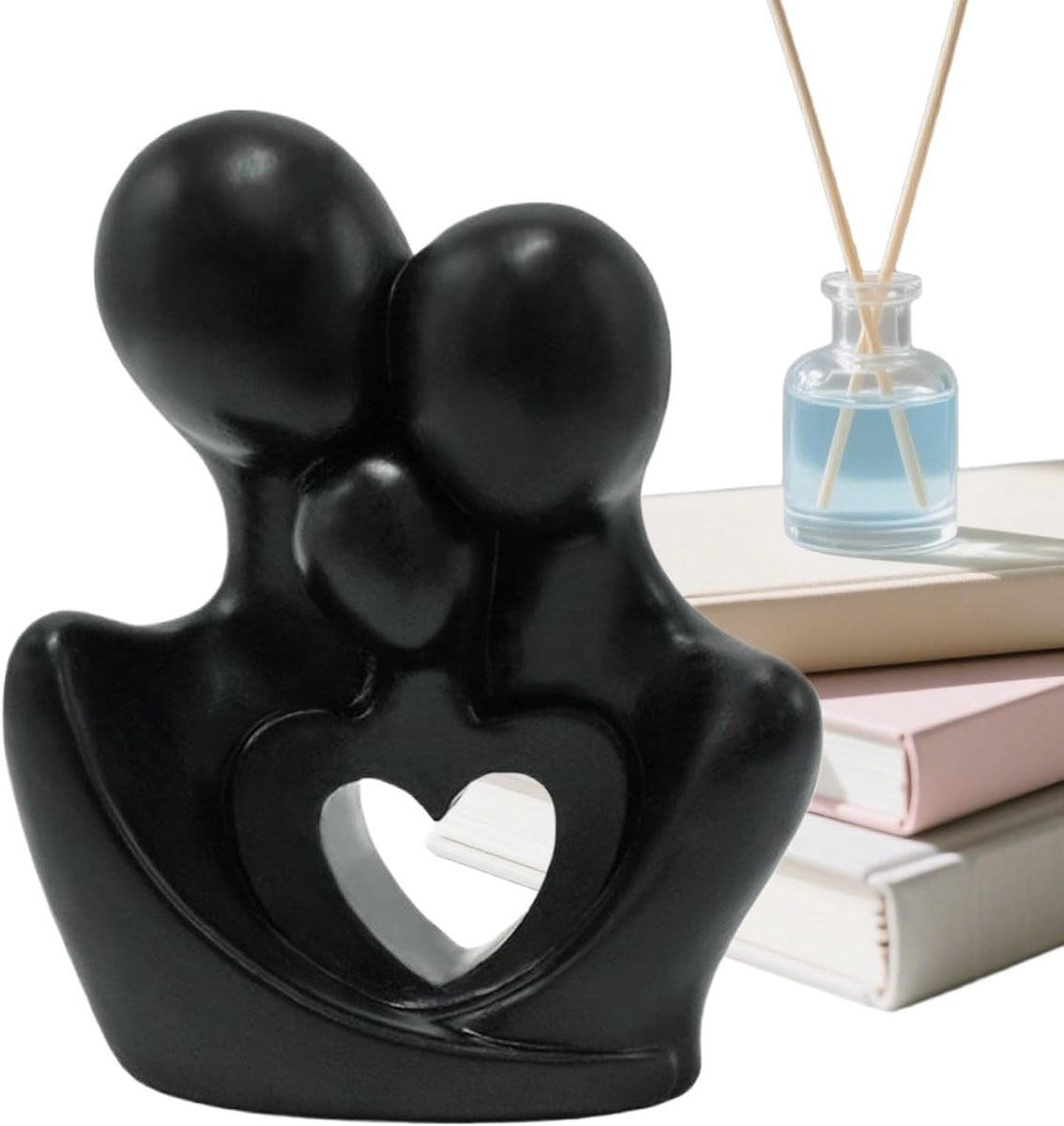 Abstracte Hars Beelden Familie Figuren met Symbolisch Hartdesign - Zwart - Hoogte: 15 cm