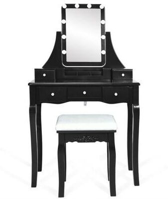Costway 10 Dimmable Light Bulbs Vanity Dressing Table with 2 Dividers and Cushioned Stool-Black