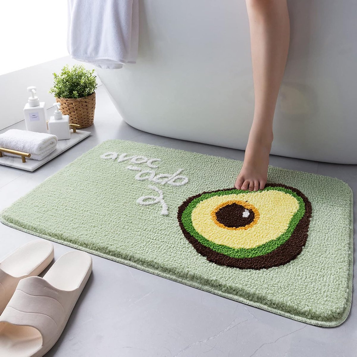 Avocado groene antislip badkamermat van zachte microfiber in rechthoekige vorm