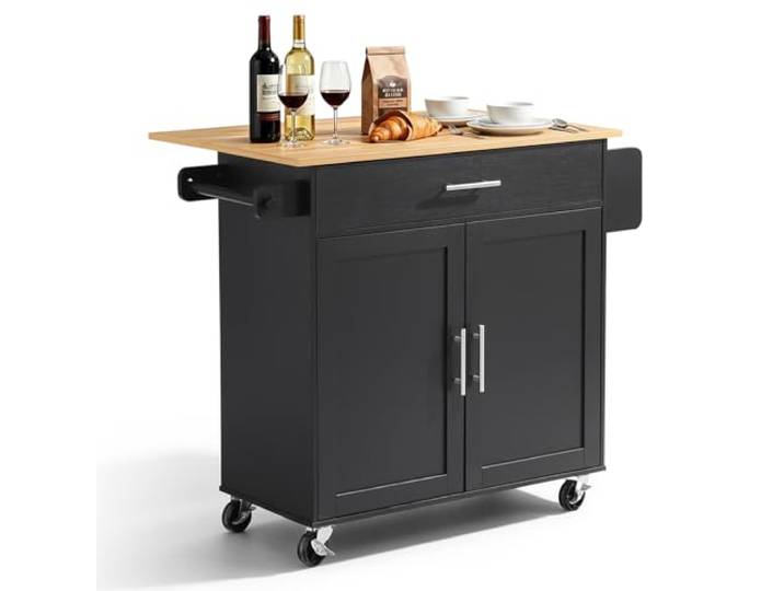 VEVOR Kücheninselwagen mit 1 Schublade 2 Türen Mobile Kücheninsel Schwarz Küchenwagen mit Gewürzhalter, Handtuchhalter und Ausklappbarer Arbeitsplatte (900x400 x 15 mm) fürs Esszimmer, Servierwagen