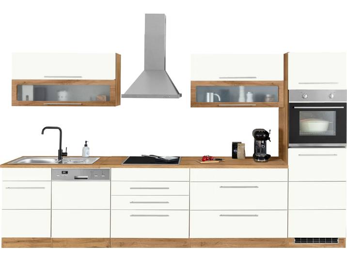 Küchenzeile KOCHSTATION KS-Wien , weiß (küche: weiß, front: weiß, korpus: wotaneichefarben, arbeitsplatte: wotaneichefarben), B:350cm T:60cm, Komplettküchen-Sets, Küchenzeile, Breite 350 cm, wahlweise mit E-Geräten und Induktion
