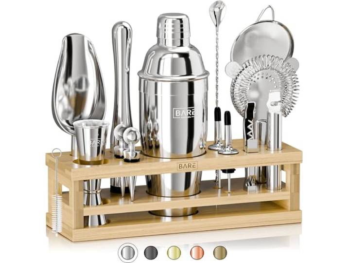 BARE BARREL® Mixology Barkeeper-Set Bar-Set 16-teiliges Cocktail-Shaker-Set Martini-Barzubehör Mixwerkzeuge für zu Hause inkl. 35 Rezeptkarten Geschenkset (680.4 g Cobbler Shaker,
