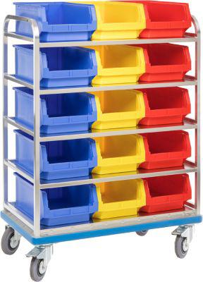 Regalwagen GMÖHLING G®-Rack E 2801, durchbrochen, bis 300 kg, 5 Etagen, für 15 Sichtlagerkästen