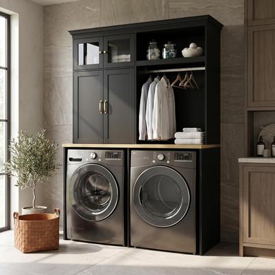 Timechee "Premium 87"" Tall Laundry Room Hutch with Clothing Rack, Utility Organizer for Side-by-Side Washer & Dryer Large Storage Cabinet"