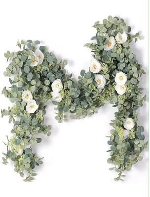 Inspired Living Evergreen Eucalyptus & Rose Garland 5.9 Ft Faux Floral Vine For Home, Wedding & Party Decor a